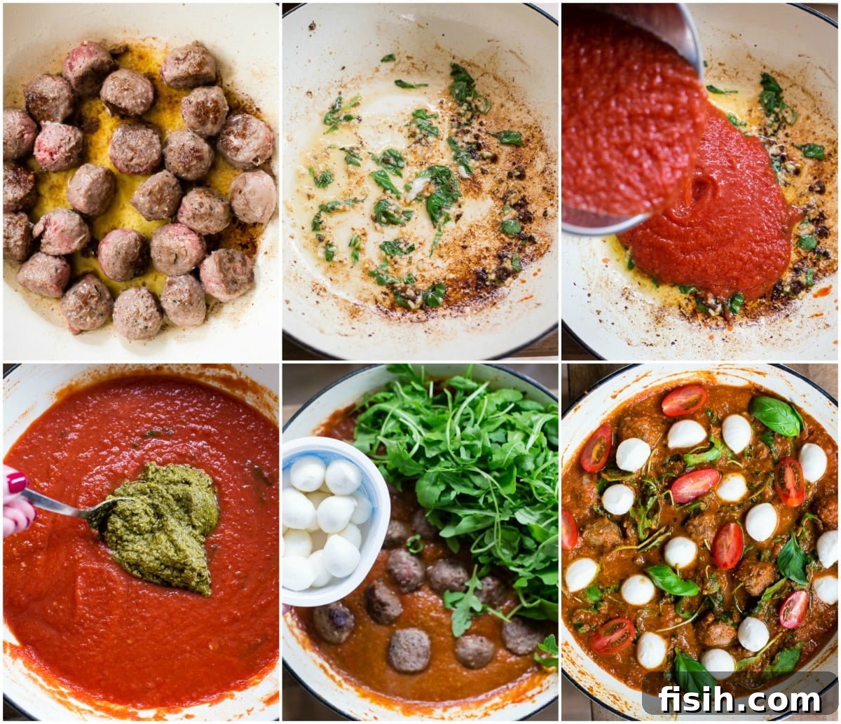 A collage showing various stages of making baked meatballs with mozzarella and arugula