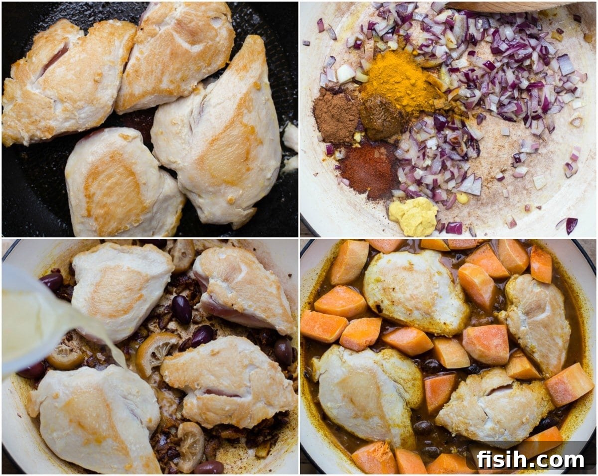 Fragrant Moroccan Chicken Tagine 4 four process shots showing how to add items to pan