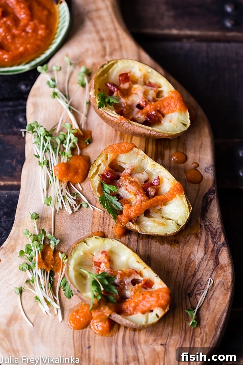 Three potato skins with chorizo and bravas sauce on a wooded platter