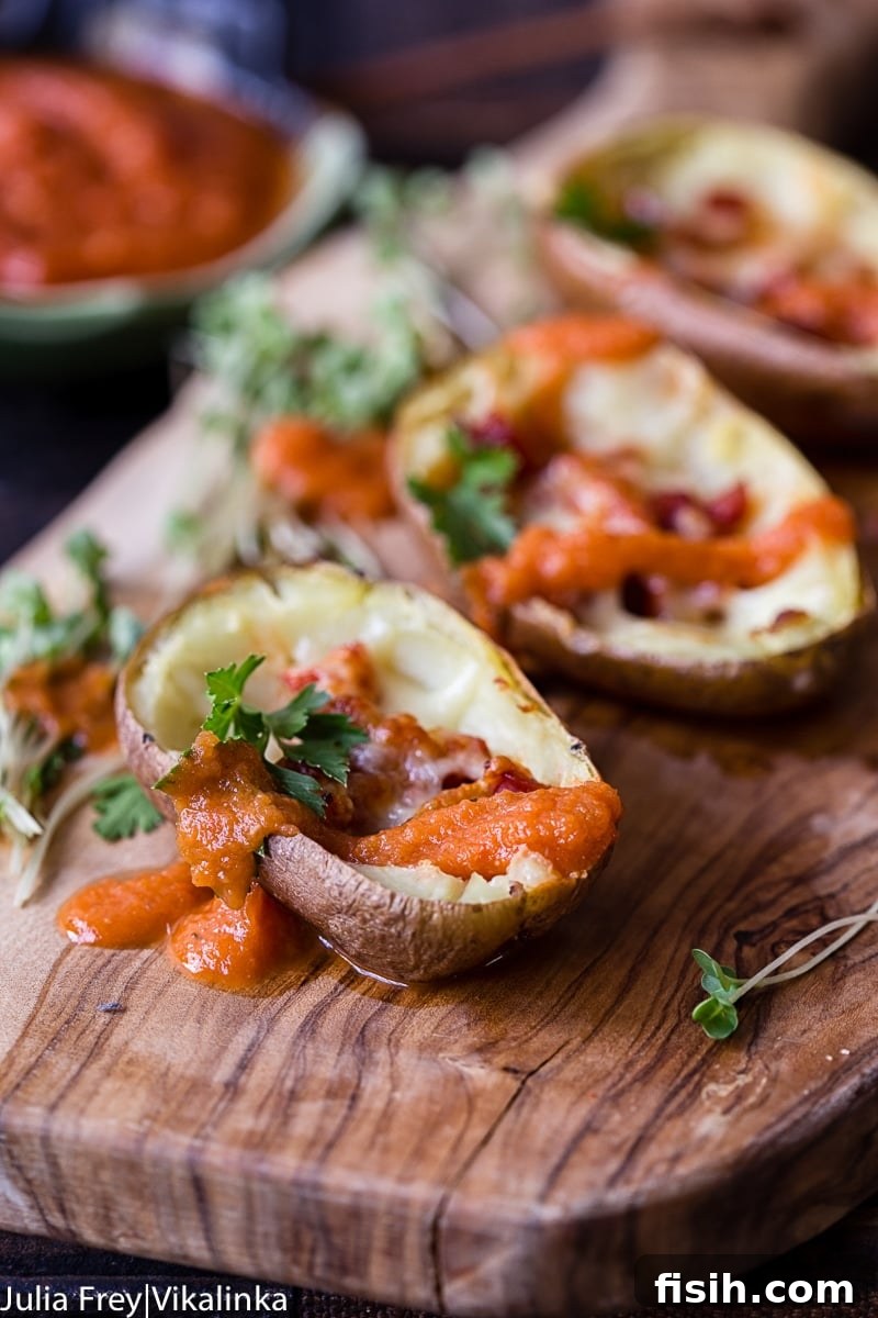Close up of a potato skin loaded with toppings