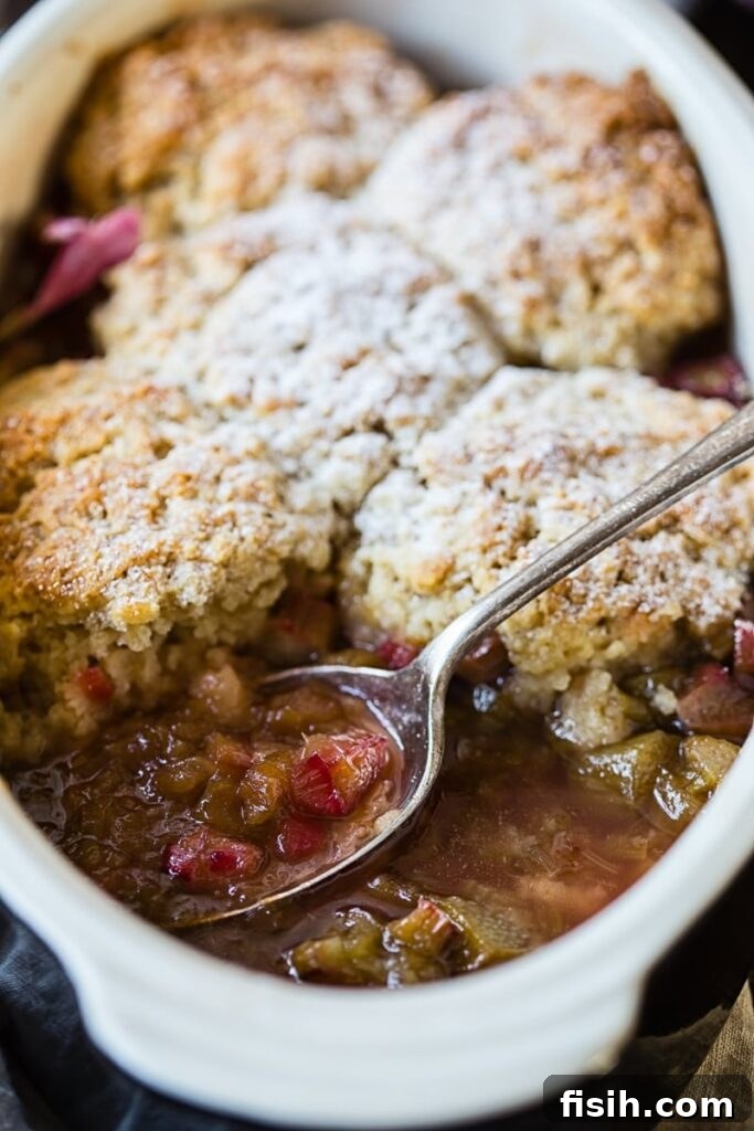 Warm Rhubarb cobbler in a rustic pan, ready to be served.