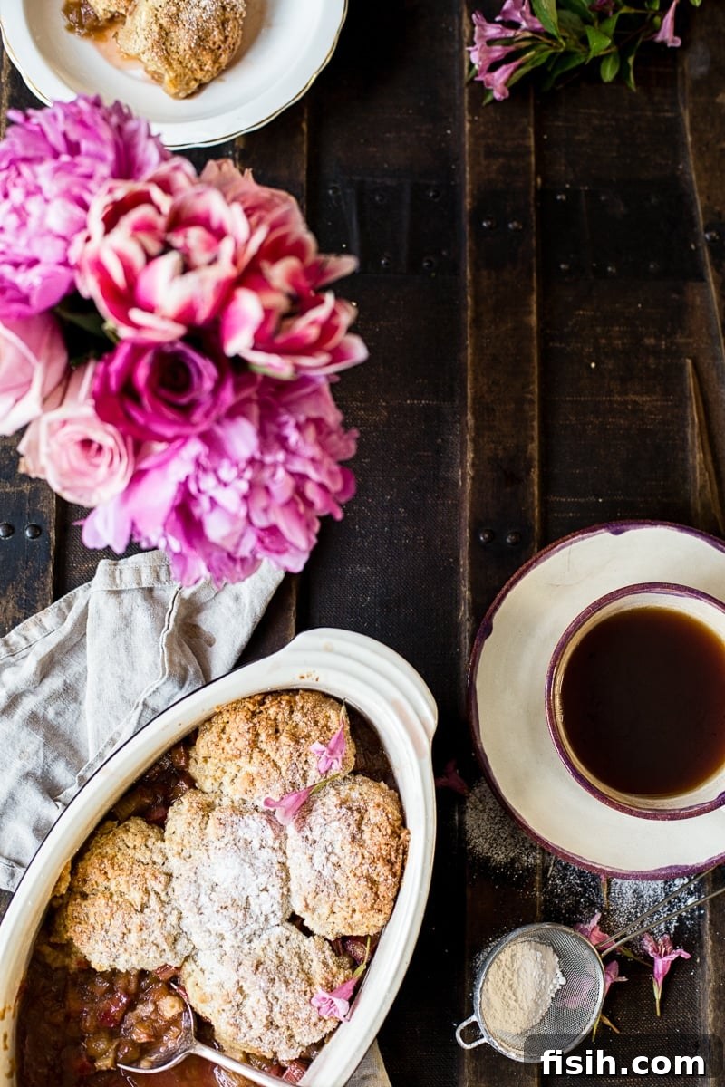Rhubarb Cobbler, served in individual dishes, alongside tea cups and fresh flowers.