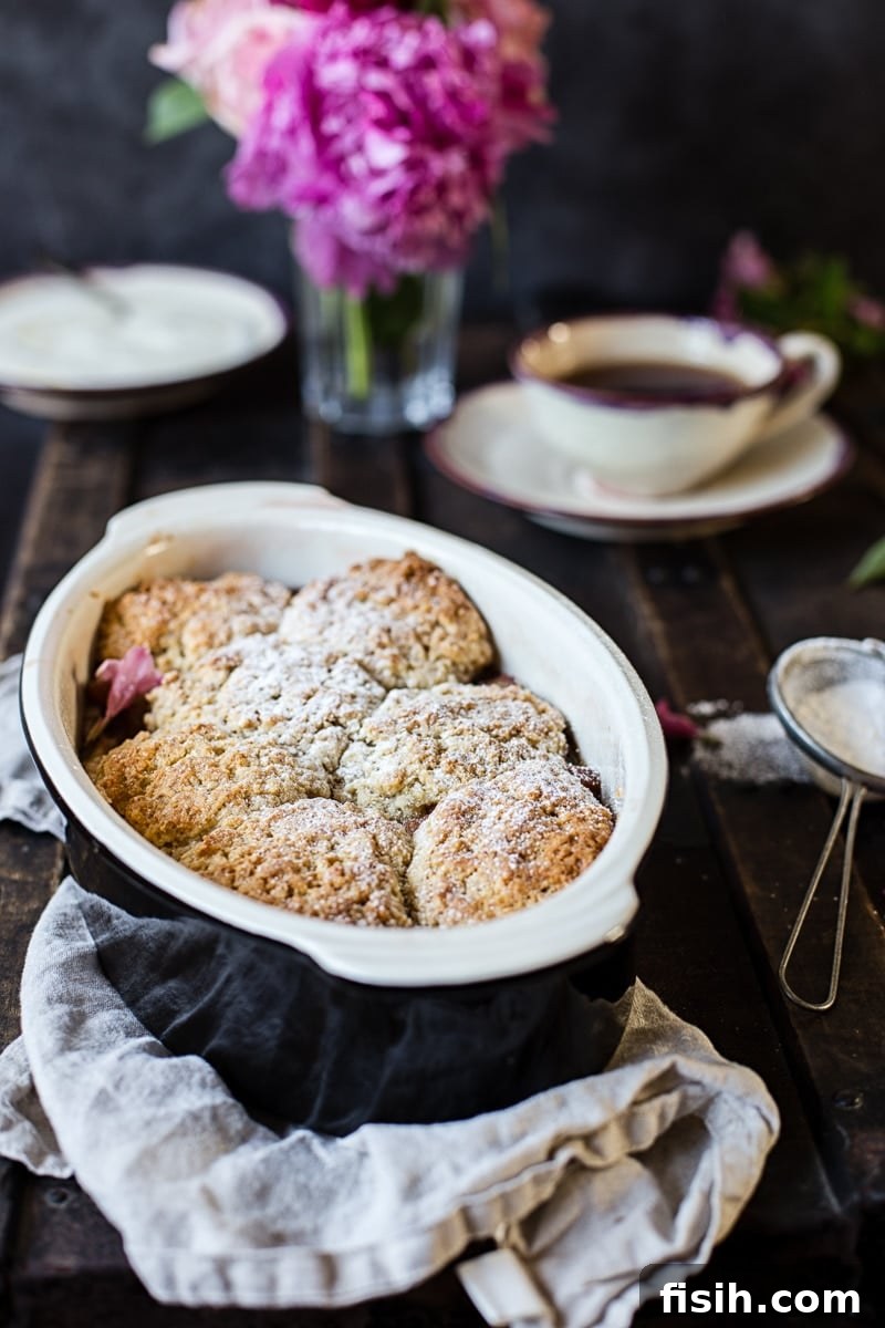 Freshly baked Rhubarb Cobbler in a ceramic baking dish, set on a table with tea and flowers.