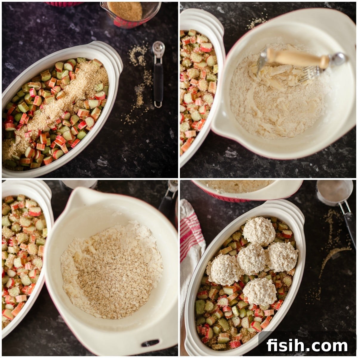 A collage showing the step-by-step assembly of Rhubarb Cobbler in a baking dish.