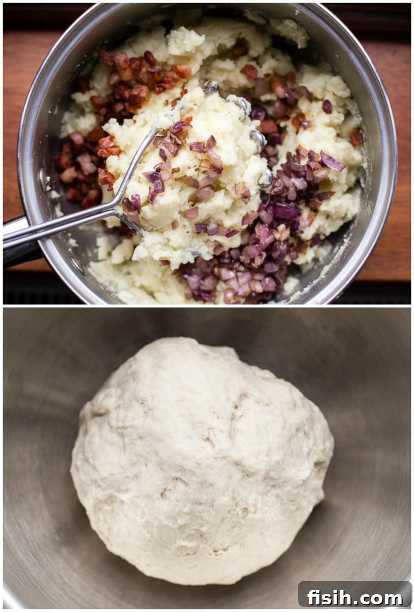 Smoky Bacon and Sweet Onion Potato Pierogi 7 A collage showing the step-by-step process of preparing Vareniki, from rolling the dough to filling and sealing.