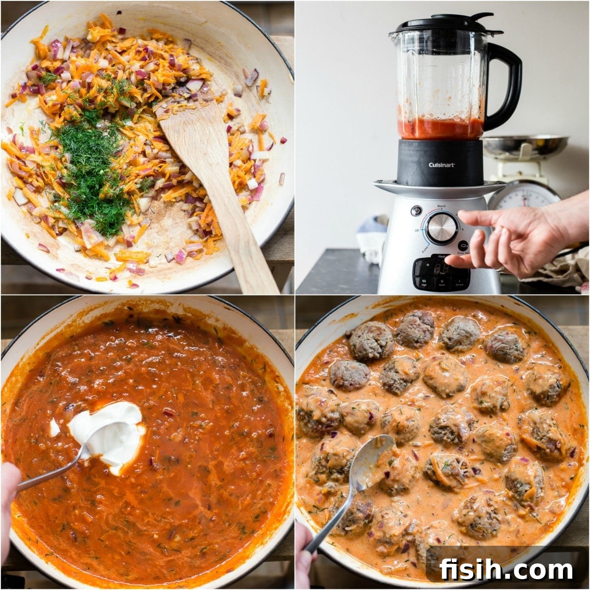 A collage of process images showing the steps to make Porcupine Meatballs, from mixing ingredients to browning.