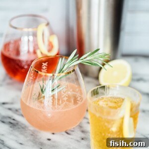 Side shot of red, pink and orange coloured gin and tonic drinks in glasses