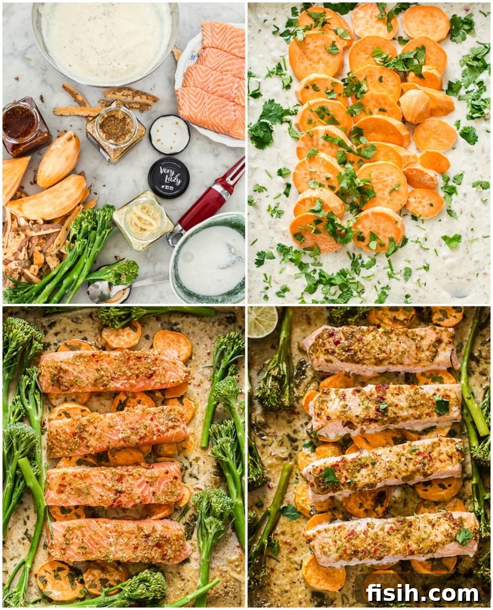 Fiery Garlic Salmon Skillet 3 Process photographs showing ingredients being prepared, sliced sweet potato arranged on a baking tray with marinade.