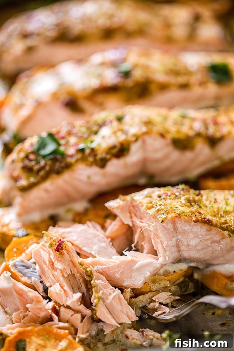 Fiery Garlic Salmon Skillet 4 Close-up of baked salmon slices showing their flaky consistency, served with roasted vegetables.