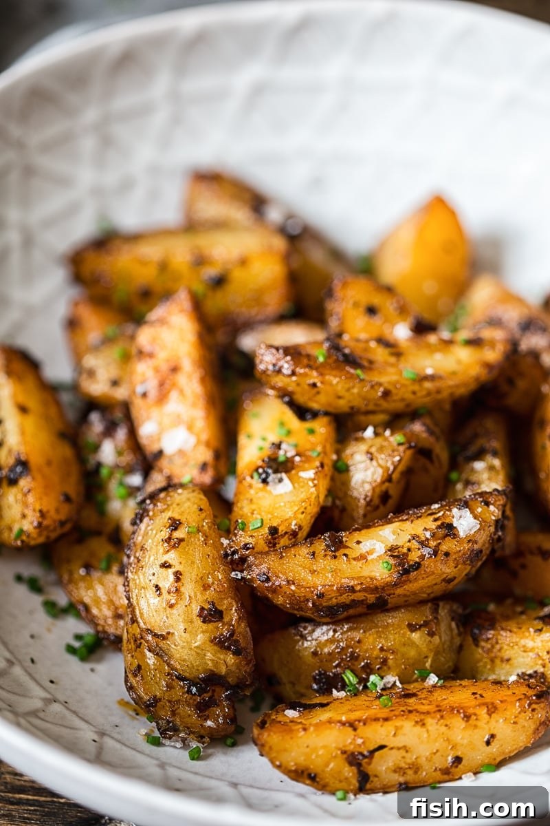 Close-up view of Chipotle Mayo Roasted Potato Wedges, showing the vibrant seasoning and crispy edges.
