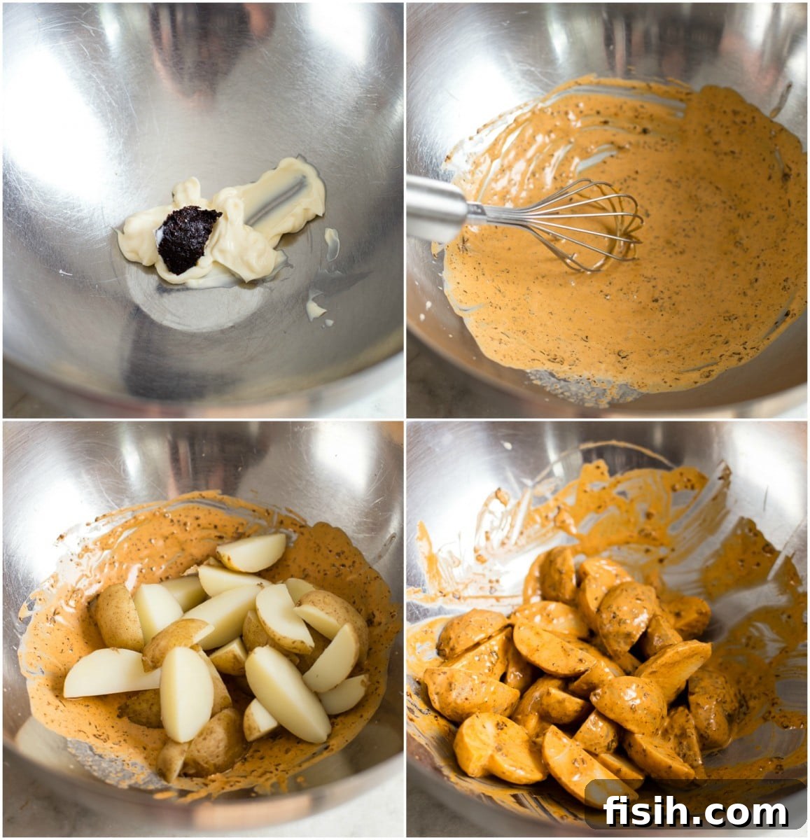 Four step-by-step process shots illustrating how to prepare the chipotle mayo roasted potato wedges.