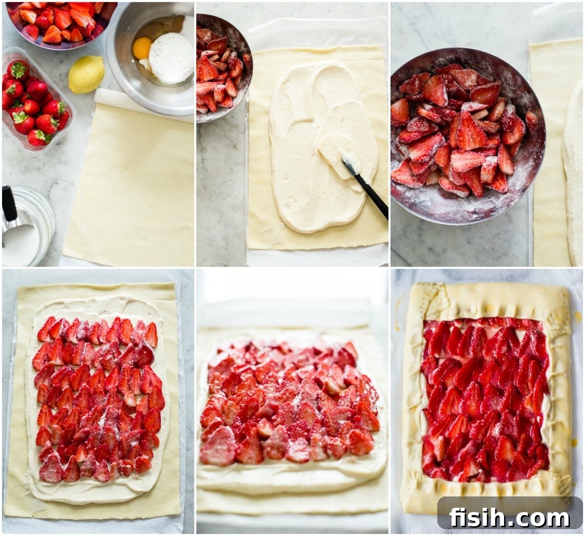 Process shots of making rustic strawberry galette in six steps showing assembly