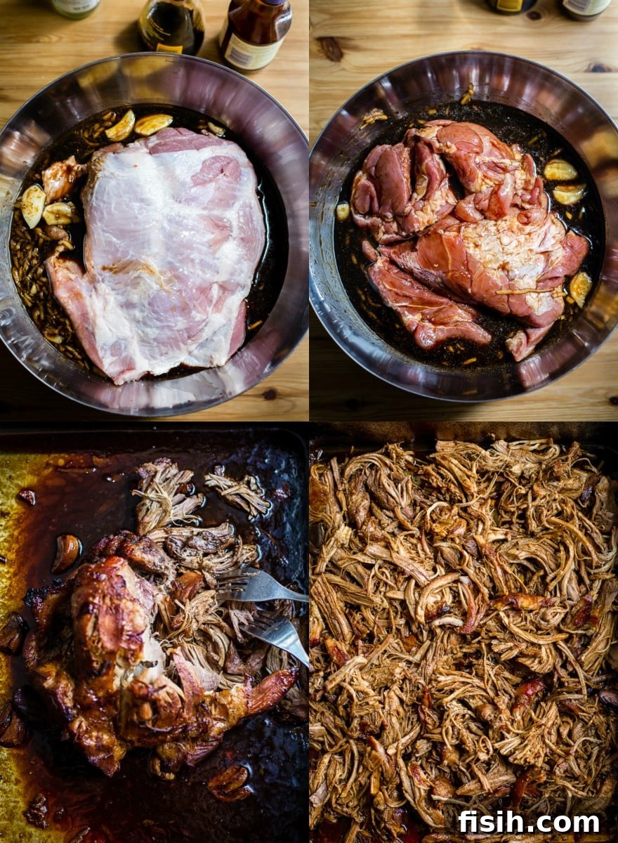 Fusion Pulled Pork Sandwiches with Zesty Root Vegetable Slaw 4 process shots showing how to make the meat