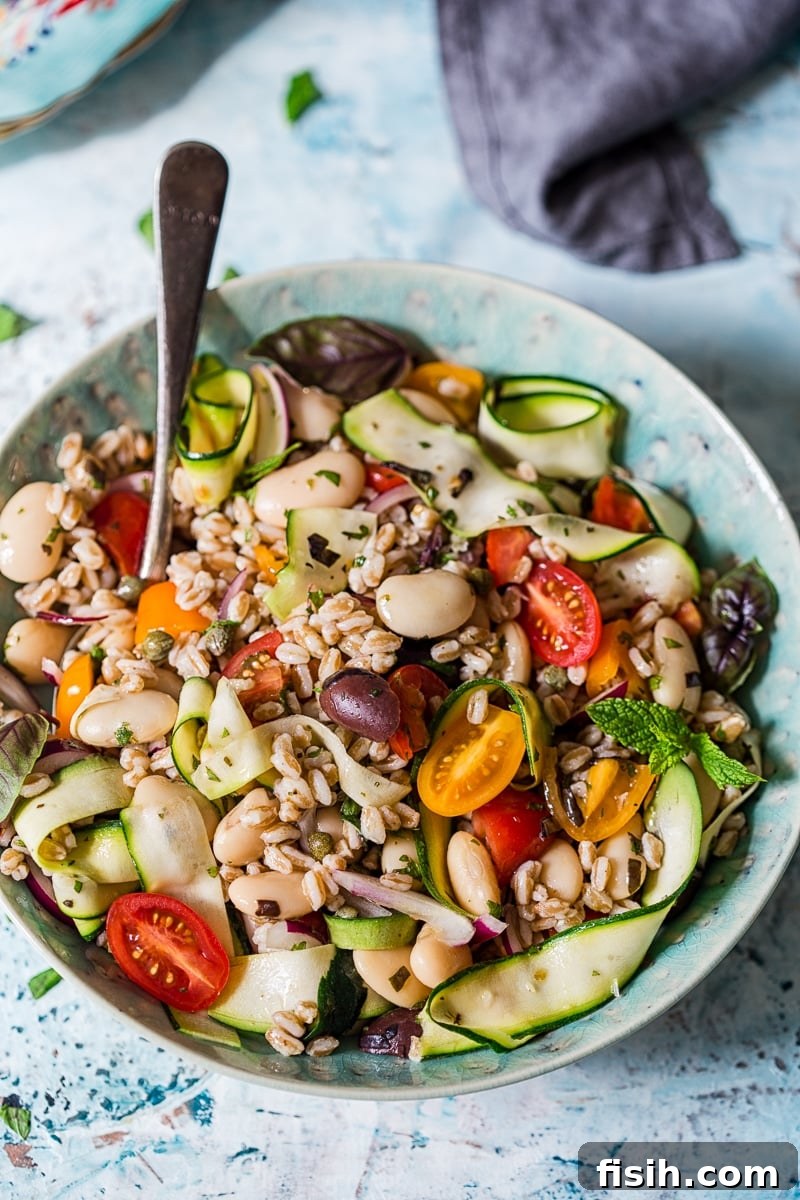 Herby Farro Salad with Olives, Cherry Tomatoes and Zucchini Ribbons