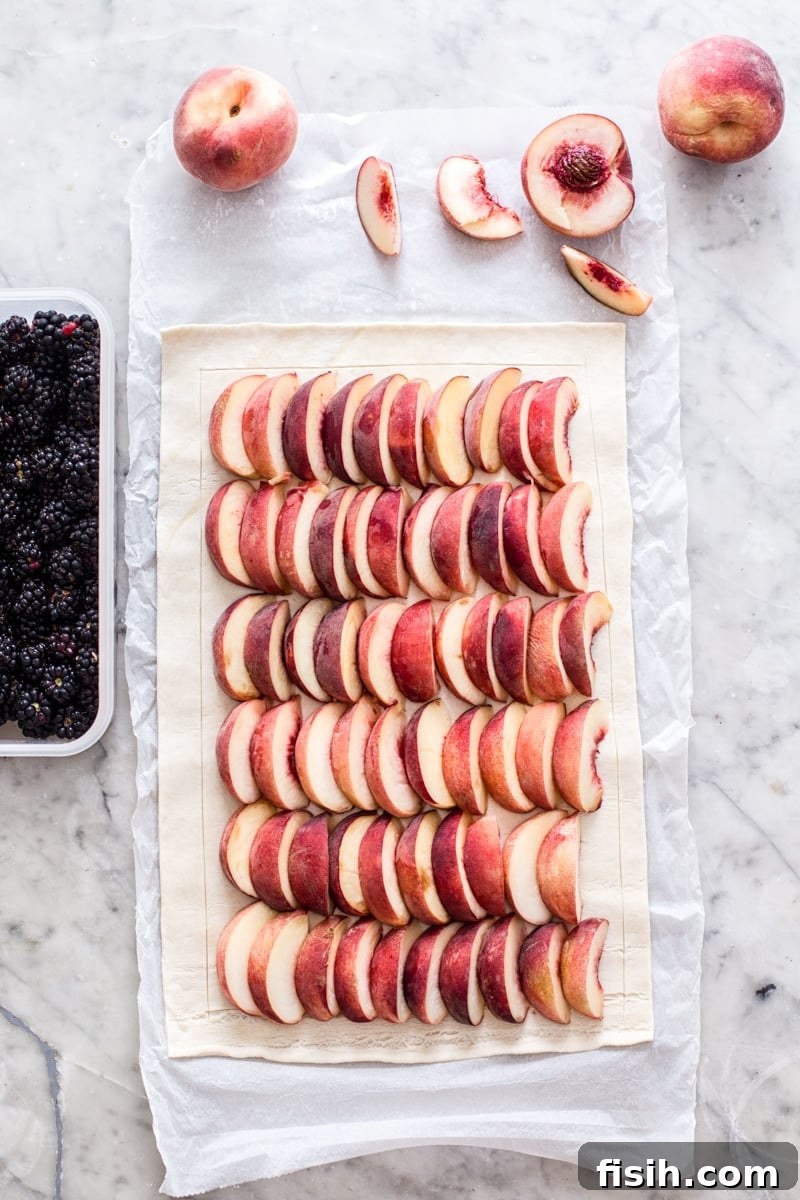 Peaches on the tart and parchment paper