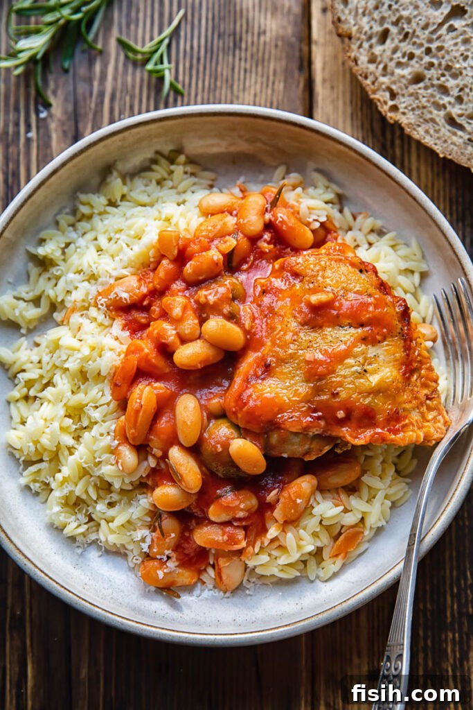 Plate of Italian rosemary chicken stew served over rice, garnished with fresh herbs, ready to be enjoyed.