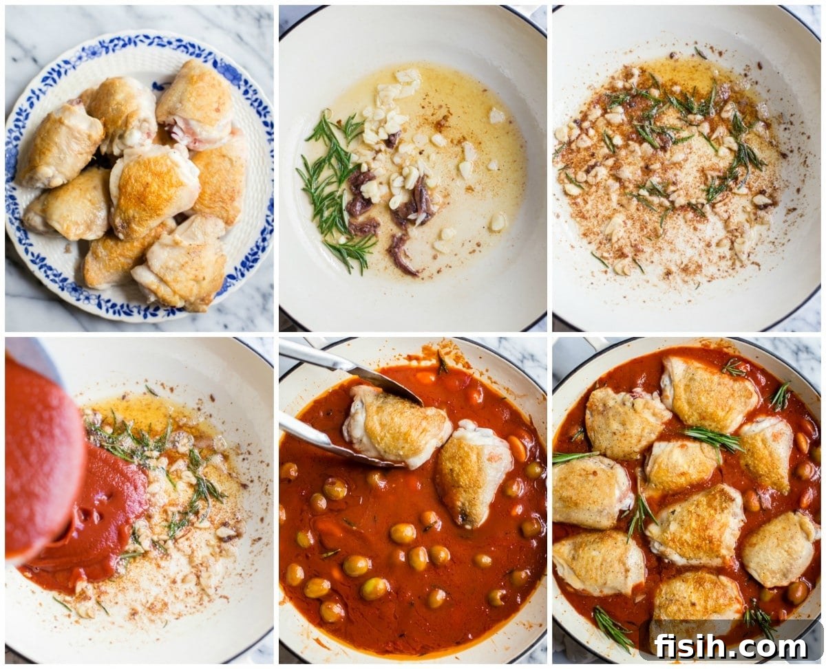 Six step-by-step process shots demonstrating the preparation of the Italian rosemary chicken stew.