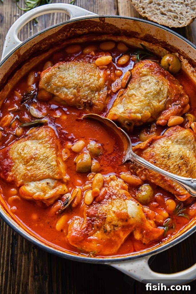 Top-down view of the rustic Italian rosemary chicken stew simmering in a pan, with a serving spoon nestled within.
