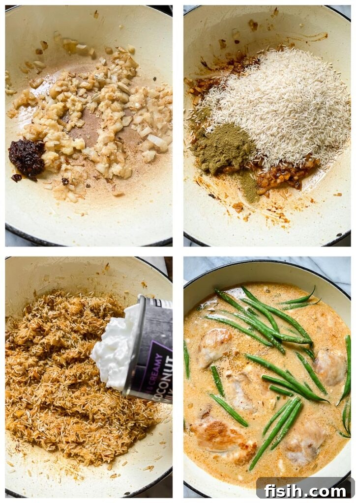 A step-by-step process of preparing coconut chicken and rice, showing ingredients being combined in a pan.