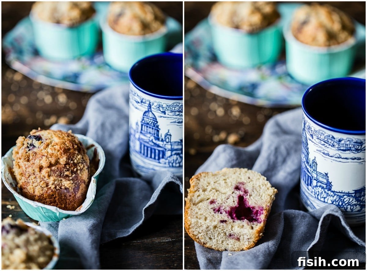 Gourmet Blackberry Burst Muffins 3 A two-image collage showing a beautifully baked blackberry muffin next to a rustic mug, emphasizing the cozy and homemade appeal of the recipe.