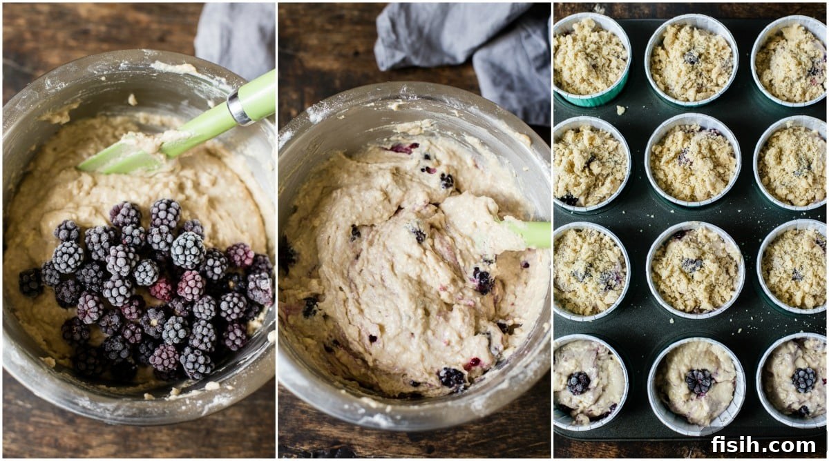 Gourmet Blackberry Burst Muffins 4 A three-panel collage illustrating the muffin baking process, from mixing ingredients to scooping batter and the final baked muffins, highlighting key stages.
