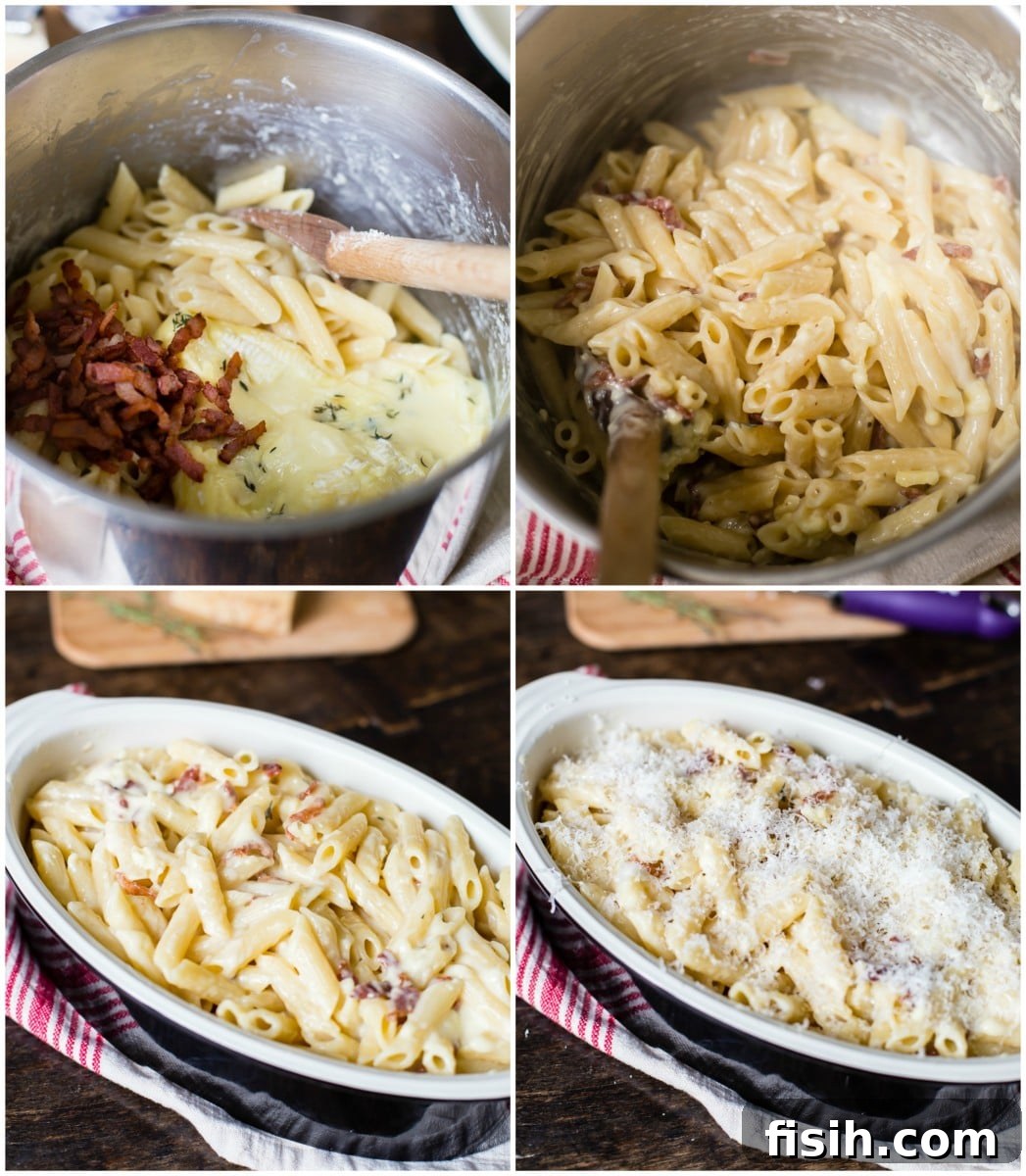 Smoky Bacon Brie Macaroni Bake 5 Process shots showing steps of preparing brie and bacon macaroni and cheese.