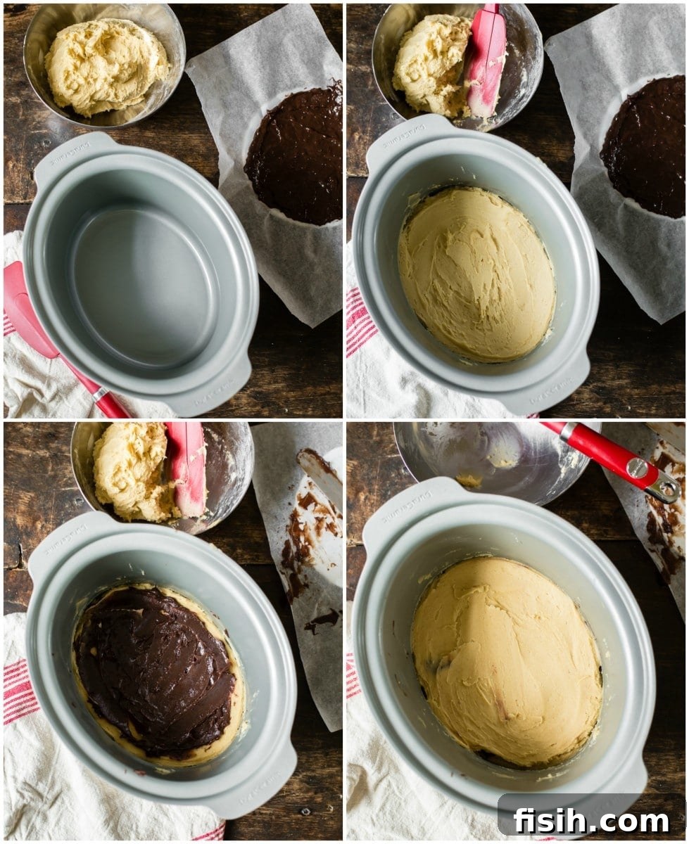 Irresistible Slow Cooker Chocolate Butterscotch Cookie Bars 4 Collage showing three process shots of preparing the chocolate butterscotch cookie dough: mixing ingredients, pressing half the dough into the slow cooker, and adding the butterscotch layer.