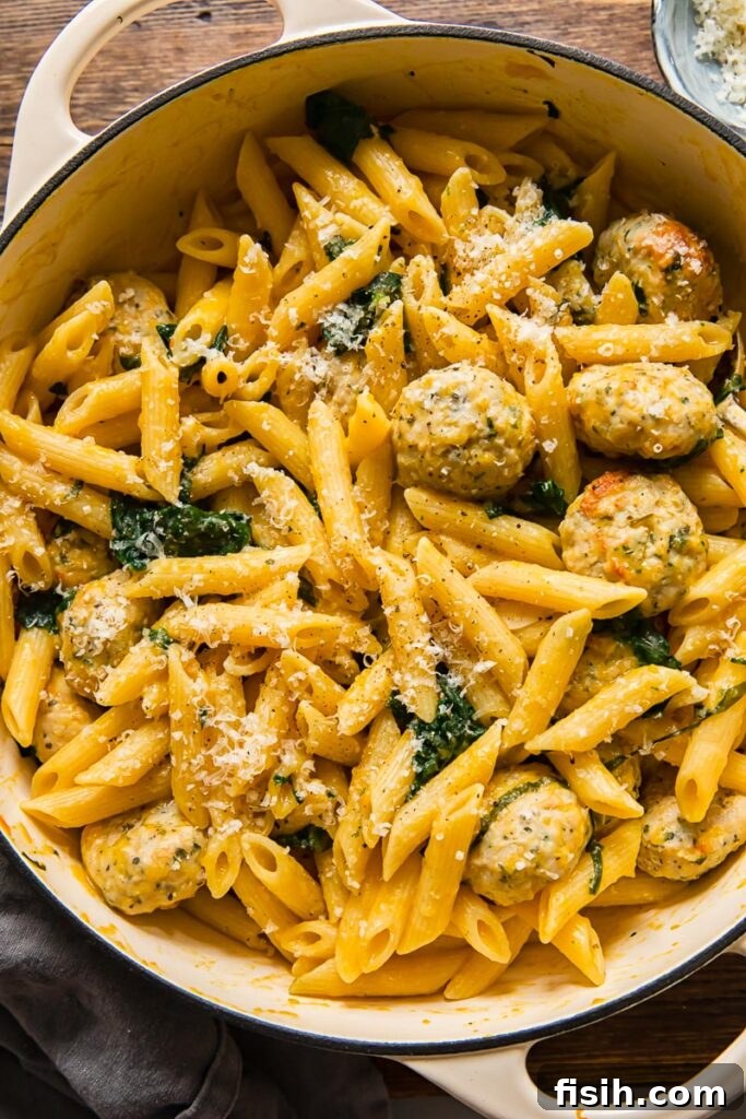 penne pasta with meatballs and pumpkin sage sauce, a creamy and healthy fall dinner idea