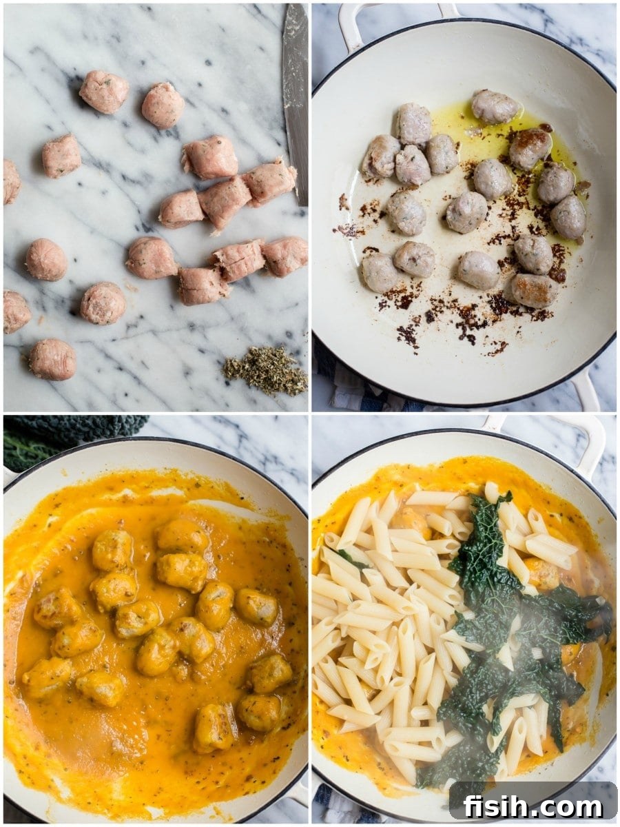top down process shot of forming and cooking sausage meatballs and combining with pasta