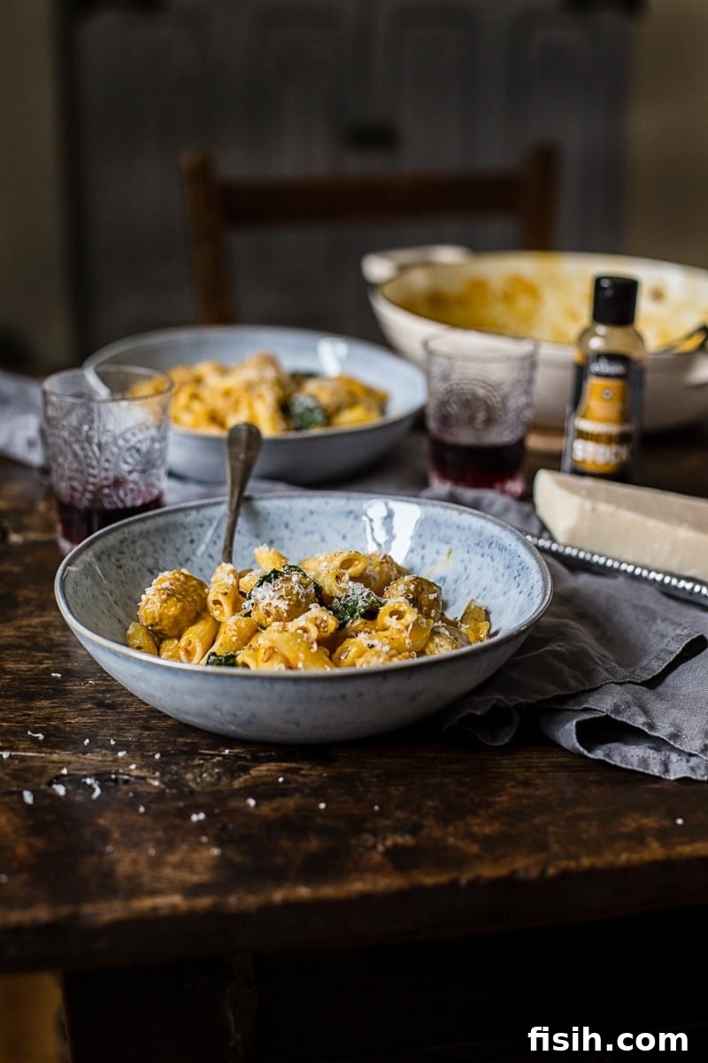 side shot of Sausage Meatball and Pumpkin Pasta with focus on texture and ingredients