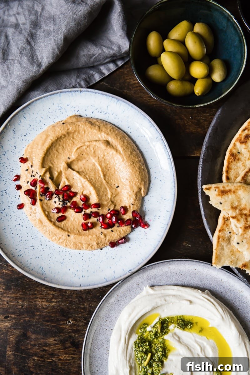 A beautifully arranged mezze platter featuring the whipped feta and ricotta dip alongside various accompaniments like warm flatbread, fresh olives, and other small dishes.