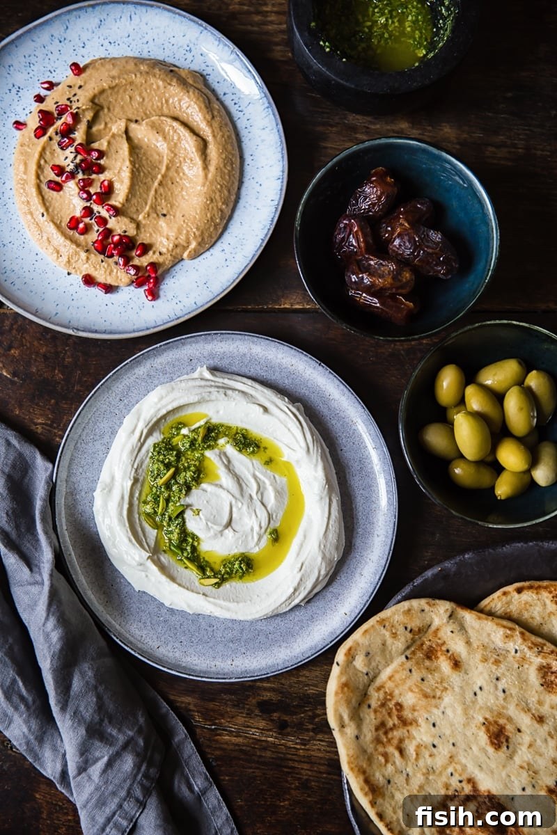 A festive holiday table adorned with various Mediterranean-inspired dips, including the whipped feta and ricotta dip, an assortment of flatbreads, and fresh garnishes, inviting guests to partake.