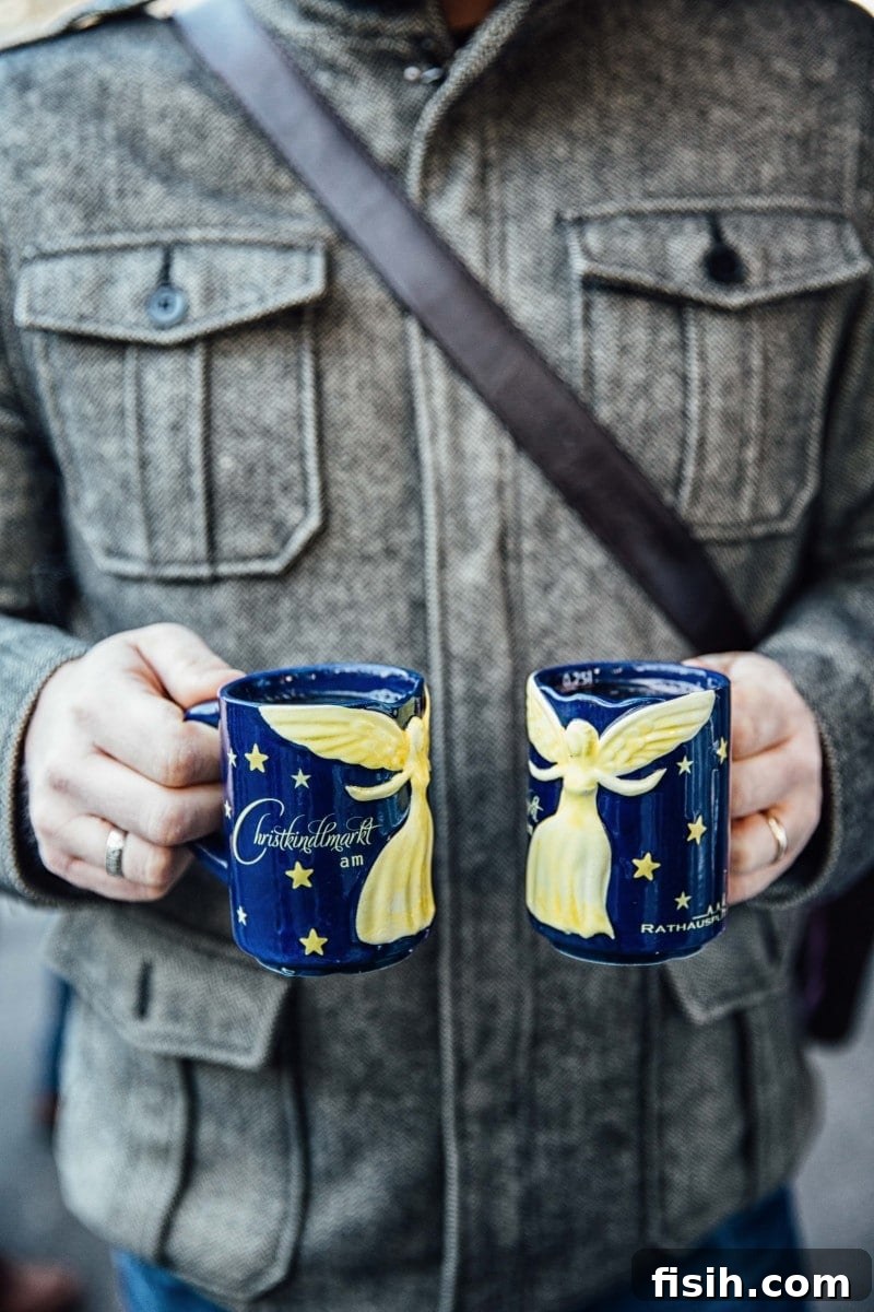 Two mugs of gluhwein, a classic Christmas market beverage