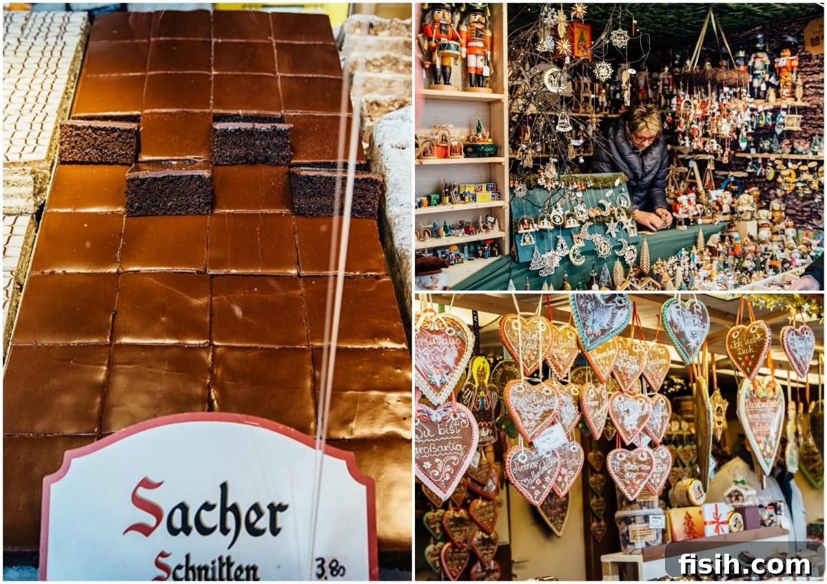Sacher torte and traditional crafts at a Christmas market stall