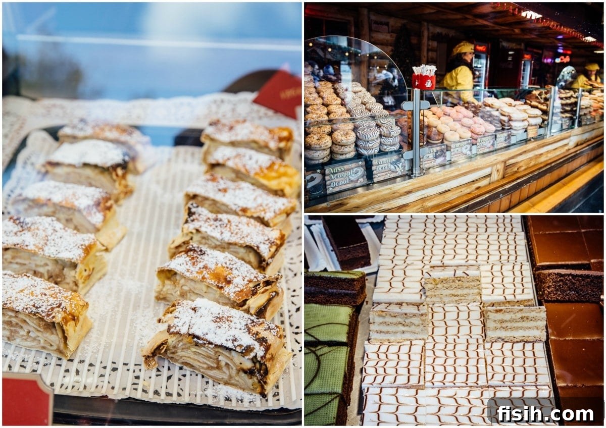 Apple strudel and other delectable cakes displayed at a market stall