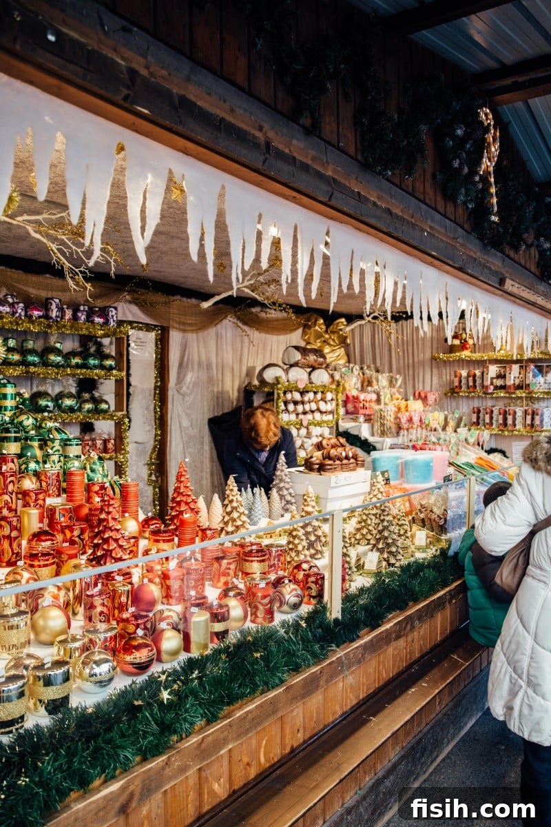 A festive Christmas market stall adorned with ornaments and gifts