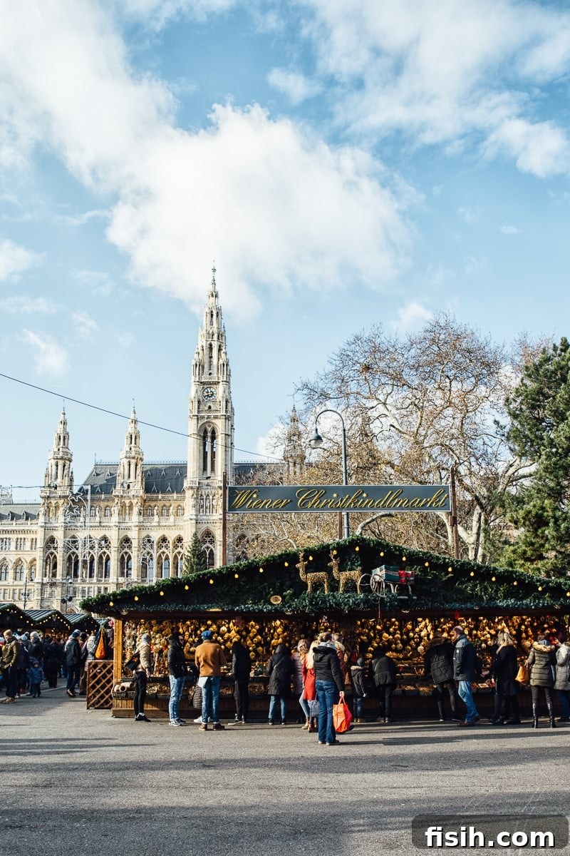 A beautifully decorated Christmas market scene in Vienna, evoking festive charm