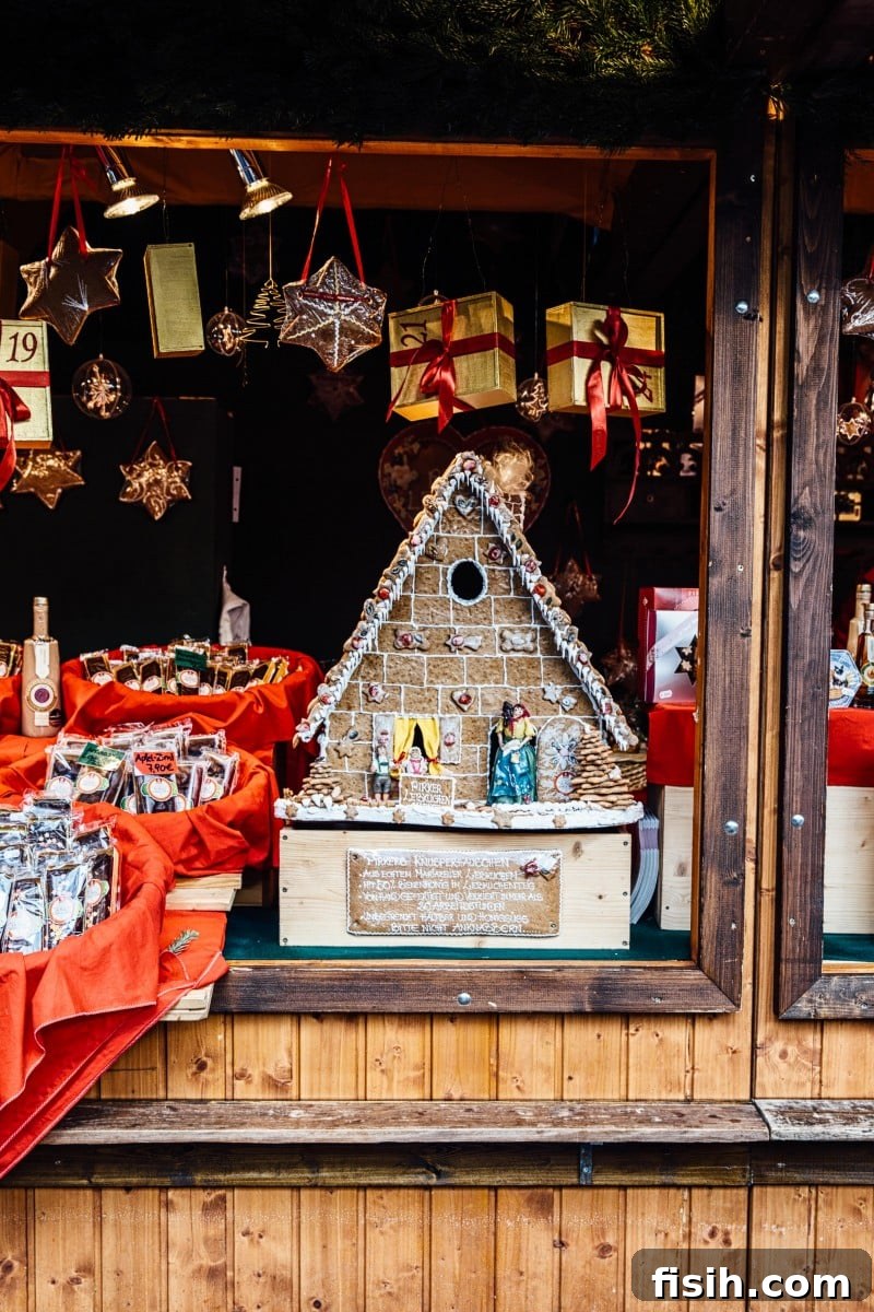 A charming gingerbread house displayed at a Christmas market stall