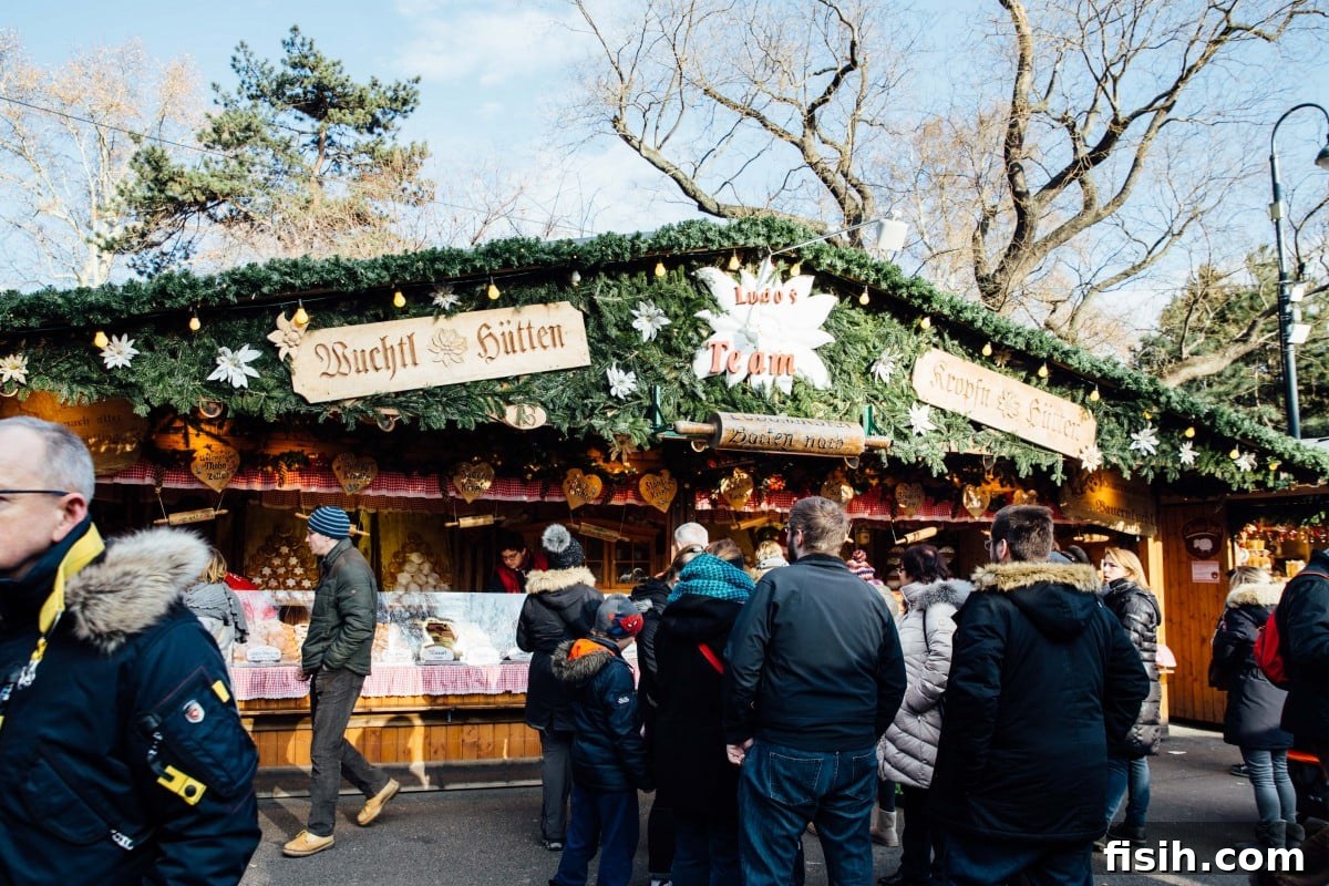 A beautifully lit Christmas market stall, showcasing artisan goods