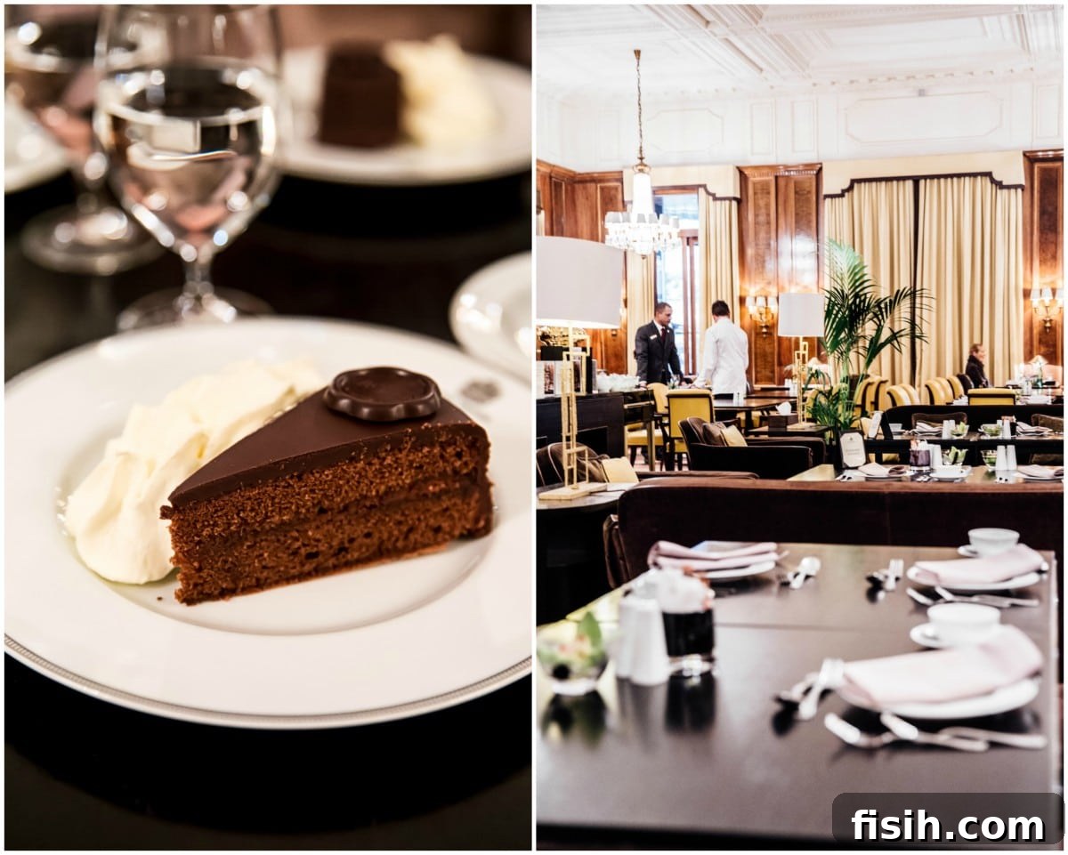 Sacher torte and the elegant restaurant at Bristol Hotel