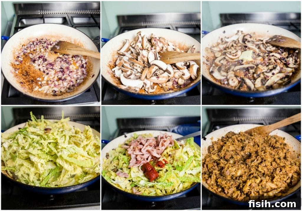 Smoky Bacon & Mushroom Savoy Braise 5 Process shots showing how to make the dish