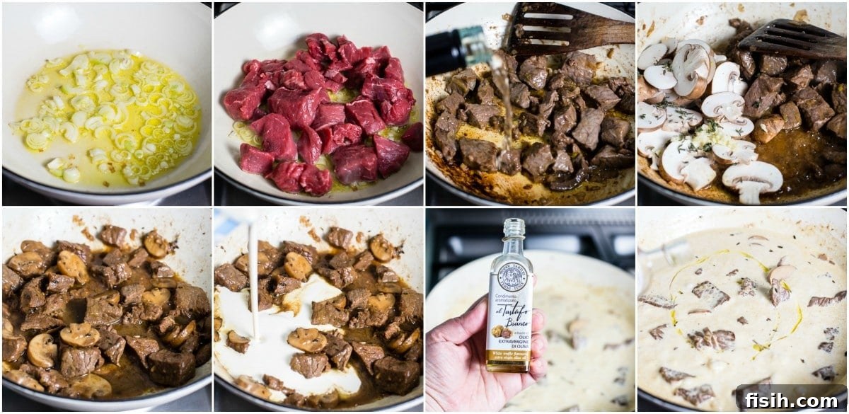 Process shots showing the step-by-step assembly of the beef in truffled cream sauce recipe