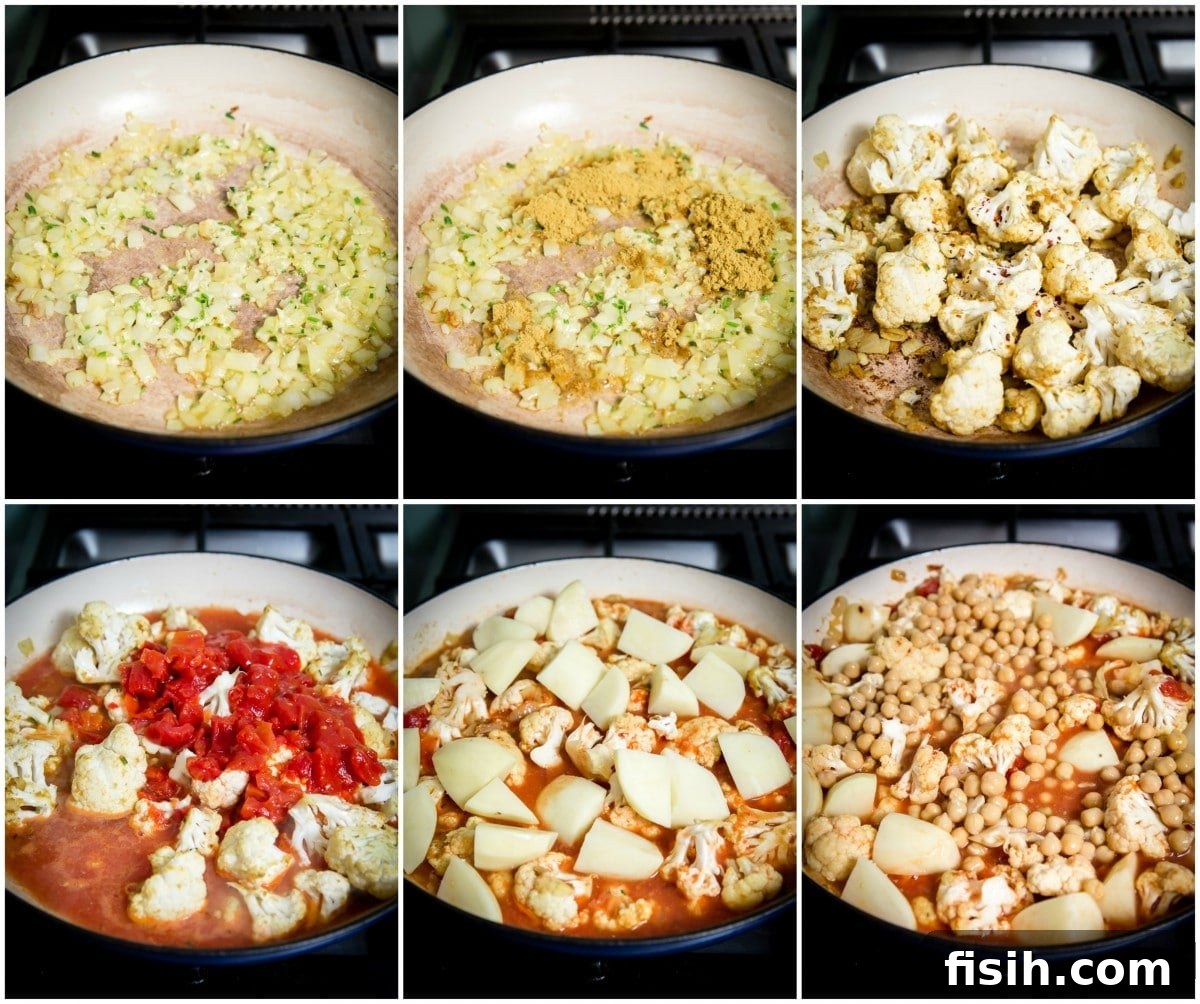 six process shots showing how to make the curry