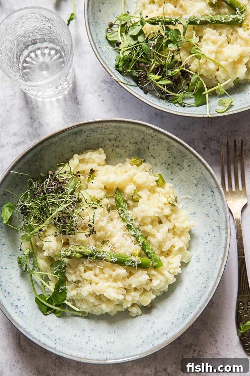 Plated Spring Asparagus Risotto with micro herbs