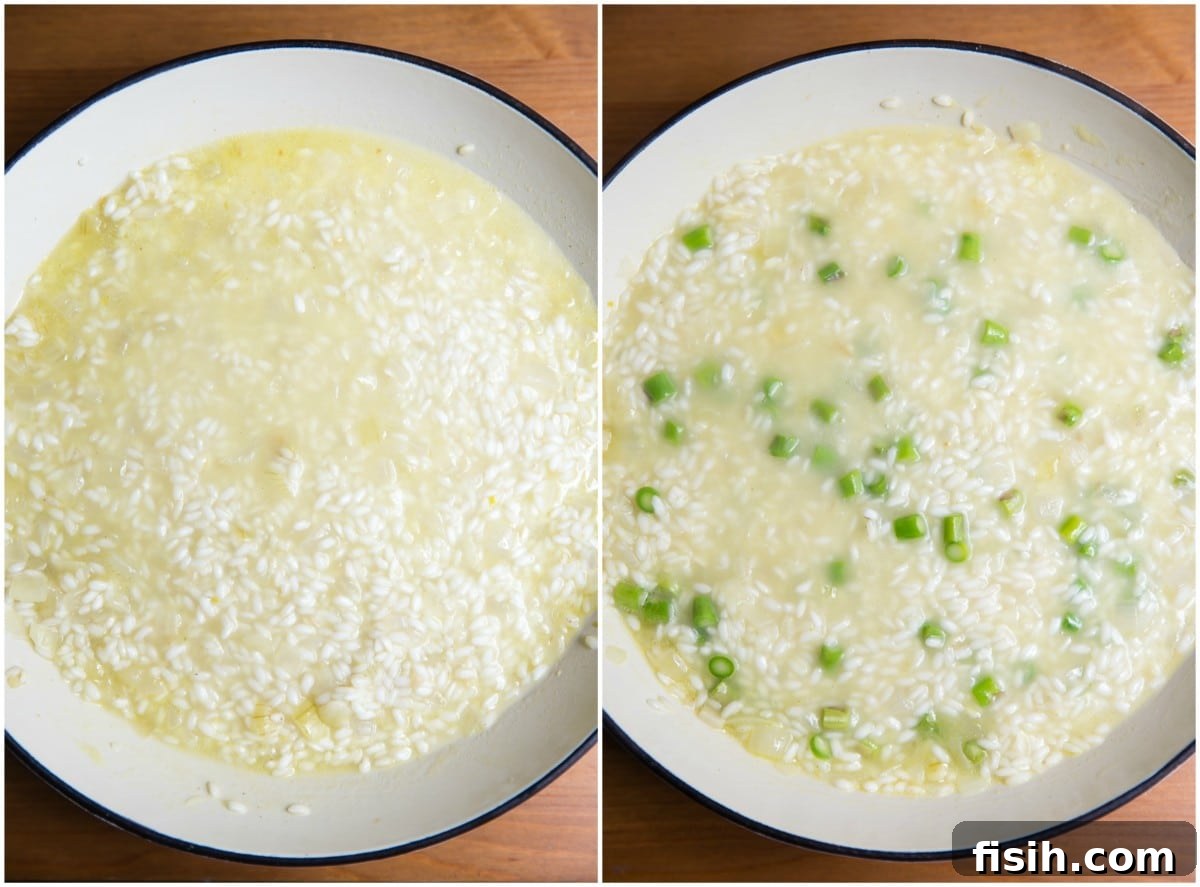 Collage of Spring Asparagus Risotto cooking process and final dish