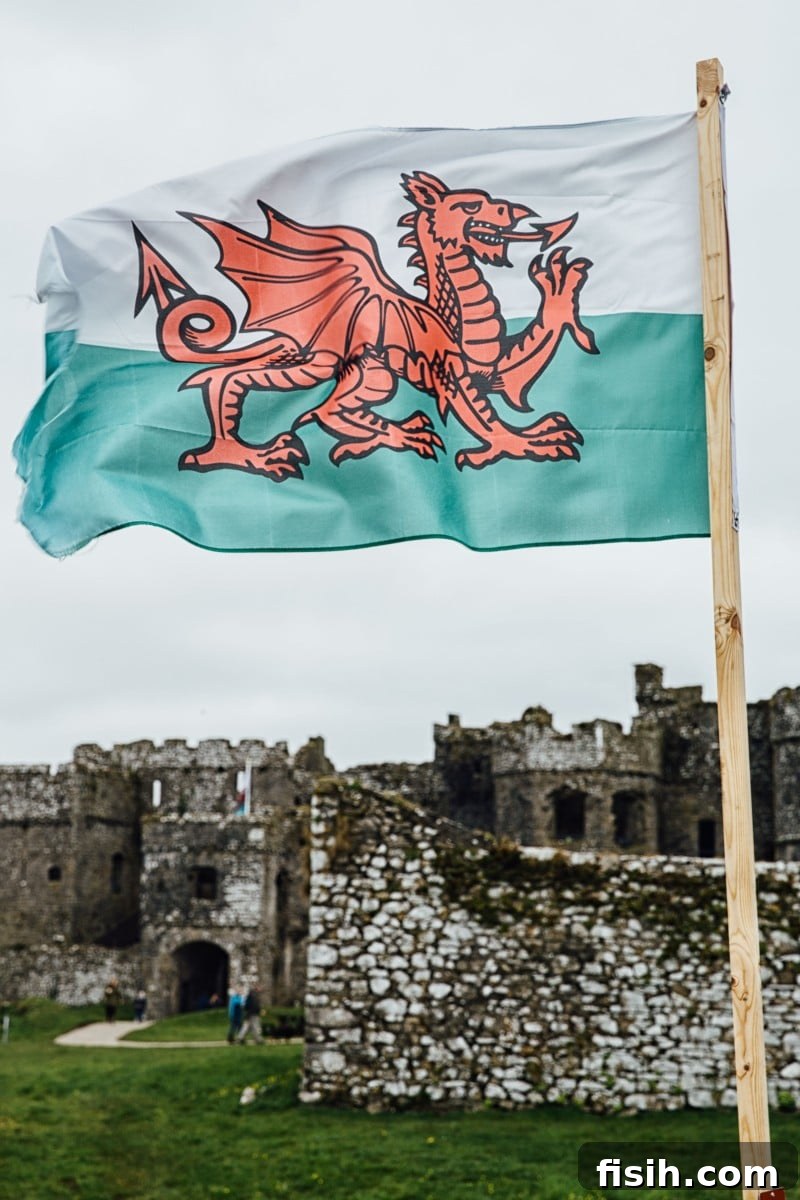 Welsh flag in front of Carew Castle