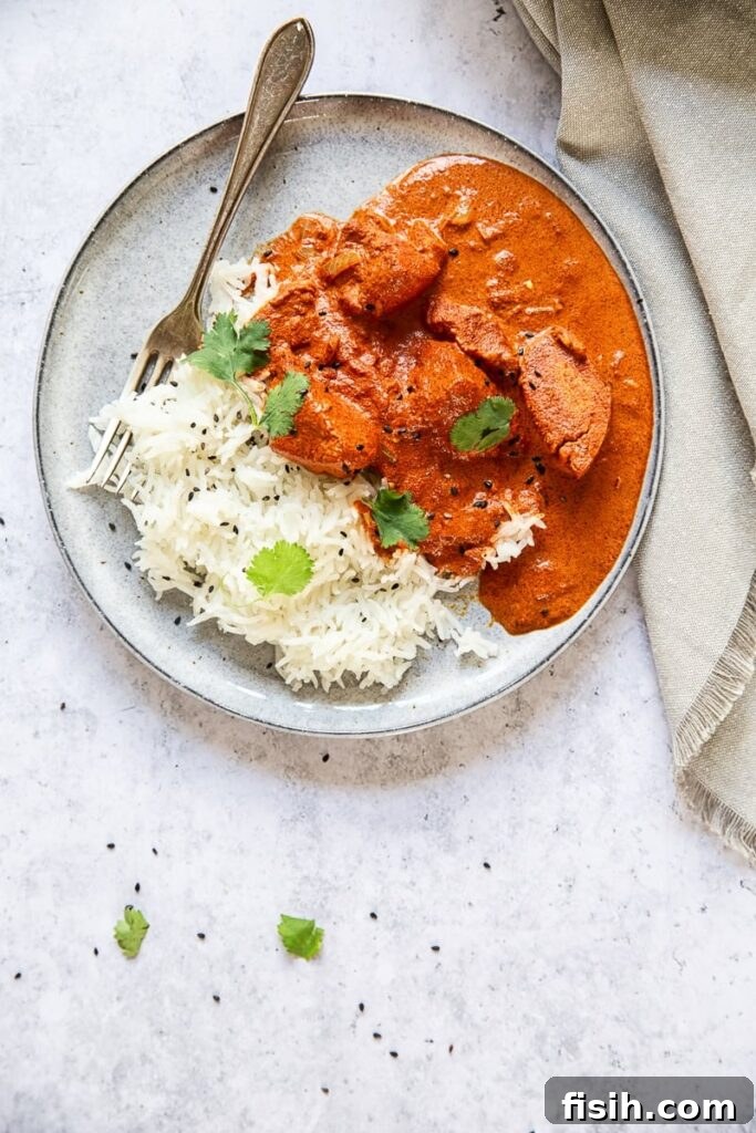 Signature Takeaway Butter Chicken 2 Top down shot of plate with curry and rice