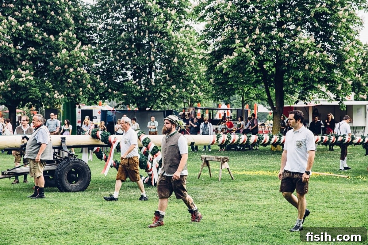 Men in traditional lederhosen preparing to raise a horizontal maypole, a festive Austrian tradition