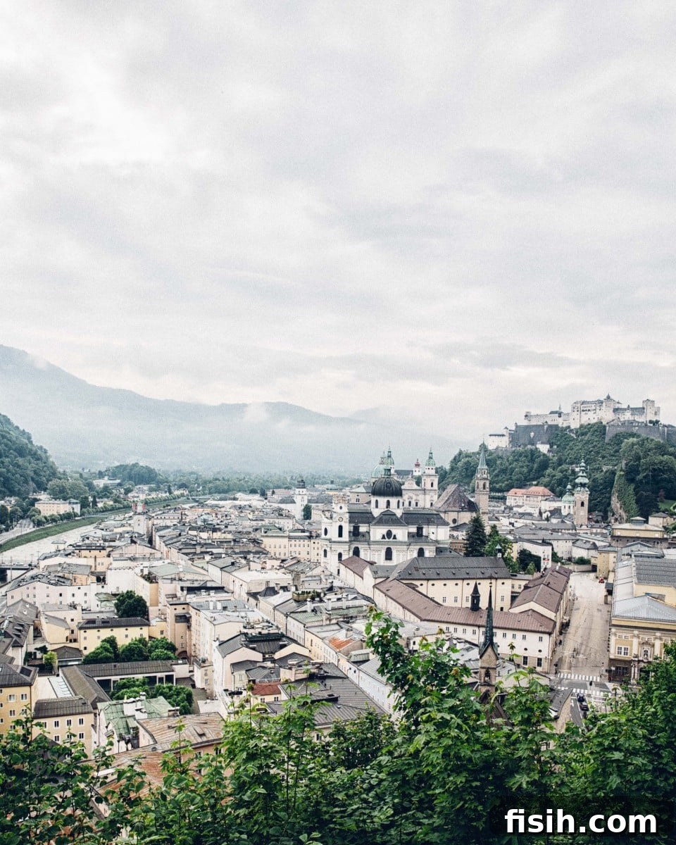 Panoramic cityscape of Salzburg, showcasing historic buildings and the Hohensalzburg Fortress
