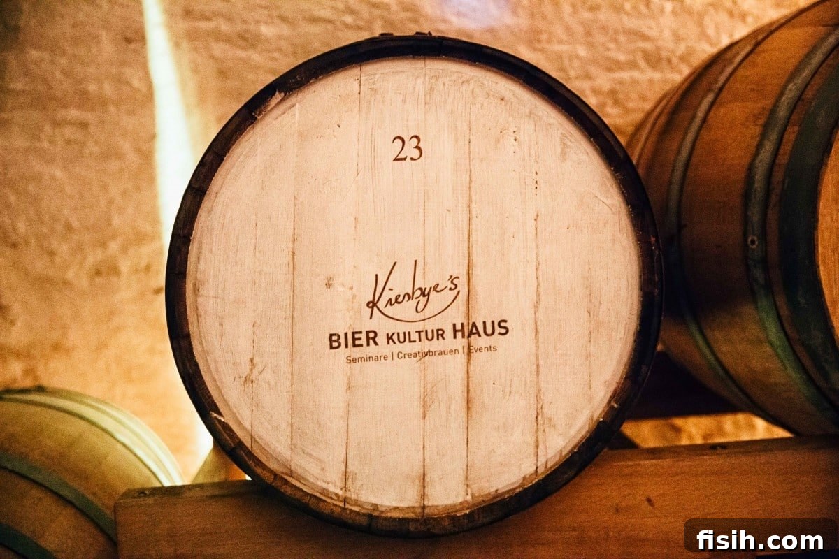 A wooden barrel filled with freshly brewed beer, representing the craft and tradition of Austrian brewing